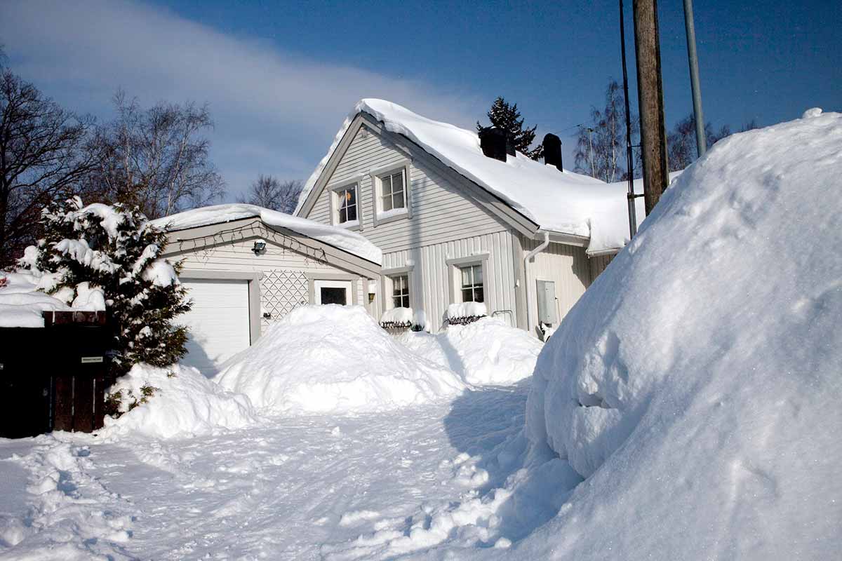 Fuglehus med snø på taket, til illustrasjon for vedlikehold om vinteren