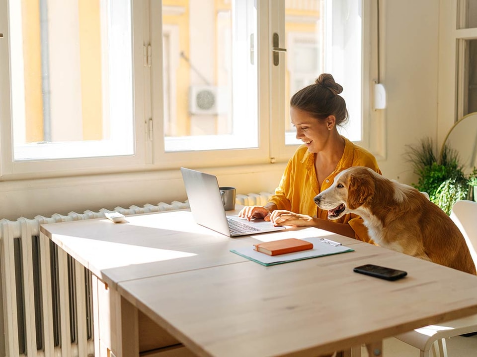 Dame og hund sitter ved spisebord og ser på laptop, til illustrasjon for BankID