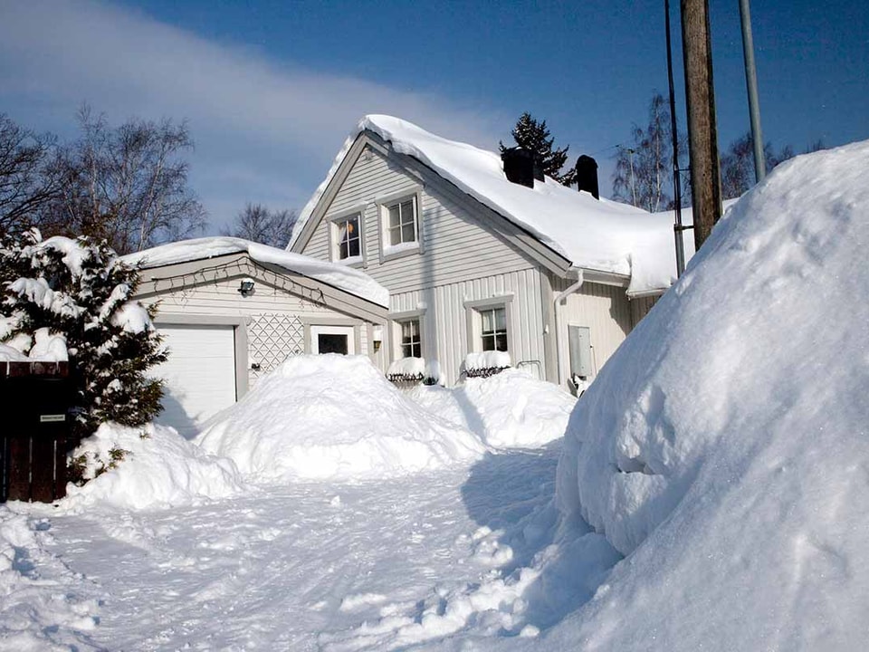 Fuglehus med snø på taket, til illustrasjon for vedlikehold om vinteren