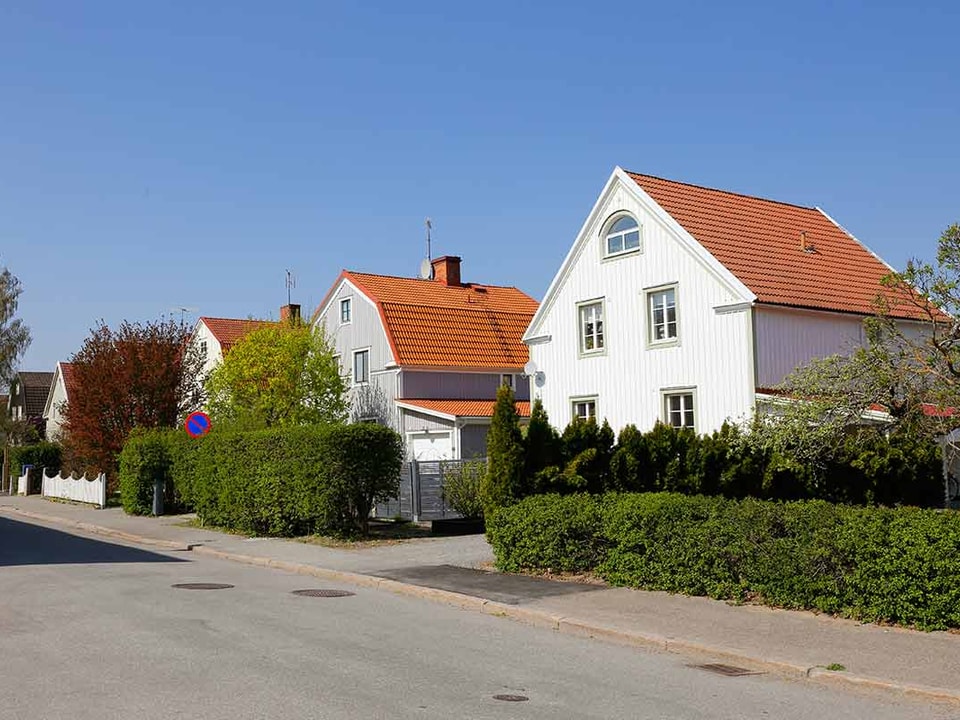 Flere boliger i en gate med store hekker, til illustrasjon for refinansiere boliglånet