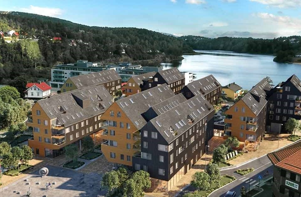 En illustrasjon av Heggedal Torg, finansiert av BN Bank