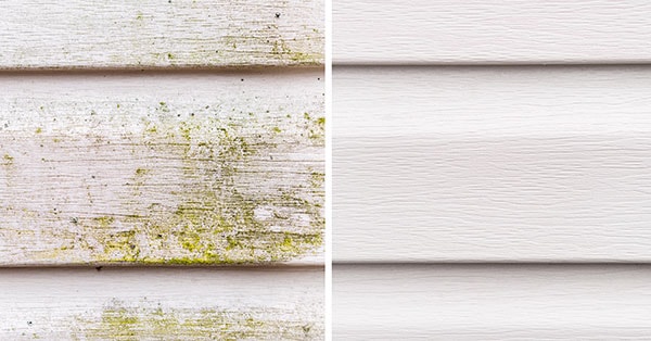 Utvendig panel før og etter fasadevask, til illustrasjon for vedlikehold av bolig