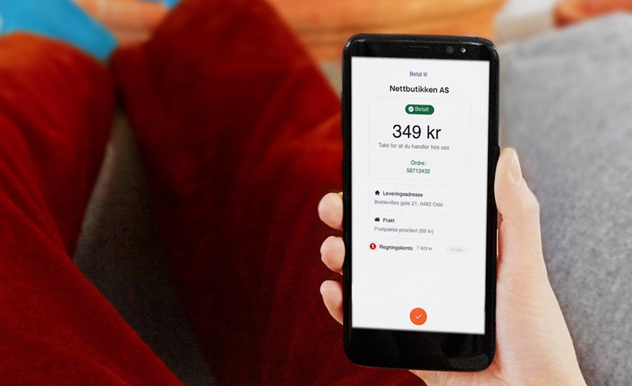Person holder en mobiltelefon som viser vipps betaling