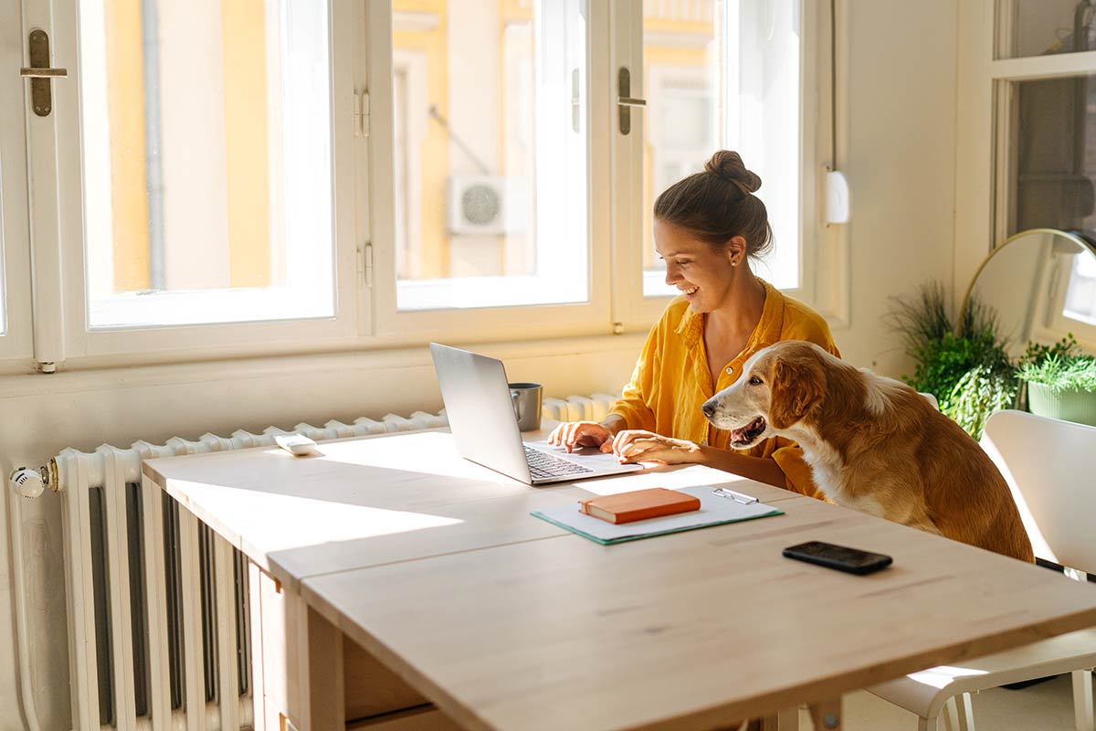 Dame og hund sitter ved spisebord og ser på laptop, til illustrasjon for BankID