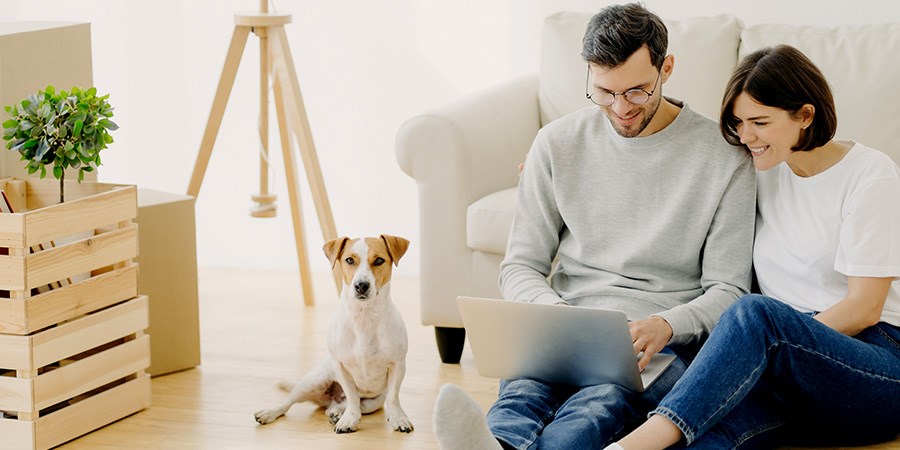 Par med hund i stua ser på laptop