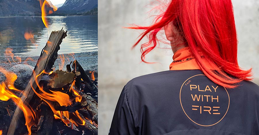 Bål på strand og dame med rødt hår, til illustrasjon for FIRE-stiftelsen