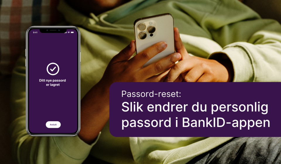 Gutt holder mobil med bilde av mobil i forgrunnen, illustrasjon til veileder om hvordan endre personlig passord